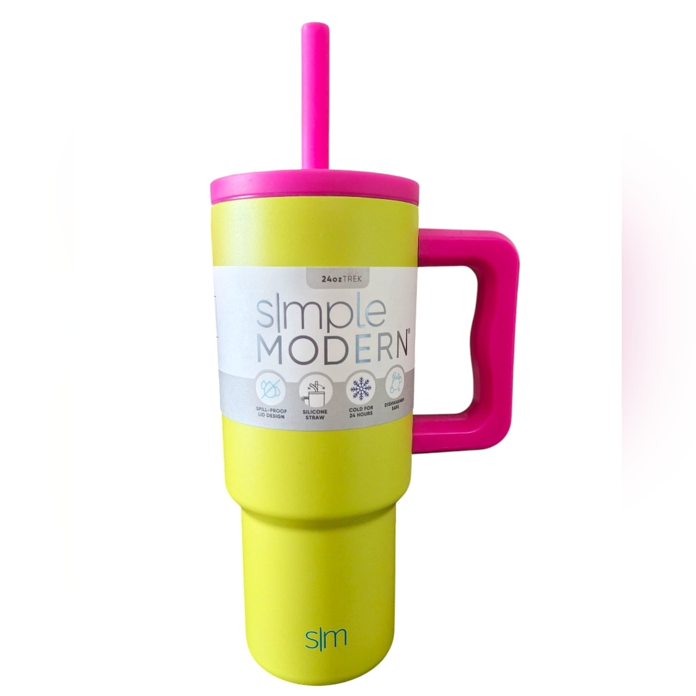 New Simple Modern Water Tumbler Neon Yellow & Pink Straw Cup 24 Oz Beverage Cup - Picture 2 of 3